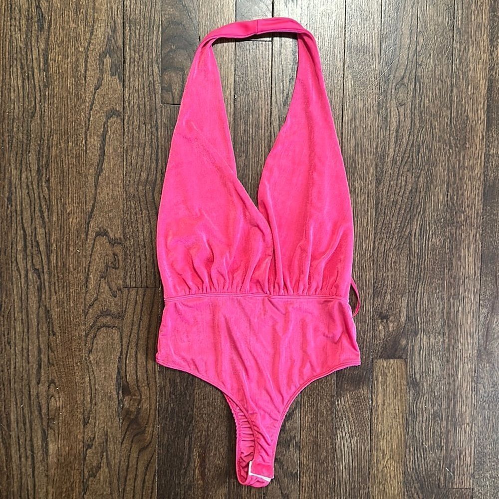NWT 21 Saints Barbie Pink Deep Plunge Halter Lingerie Bodysuit